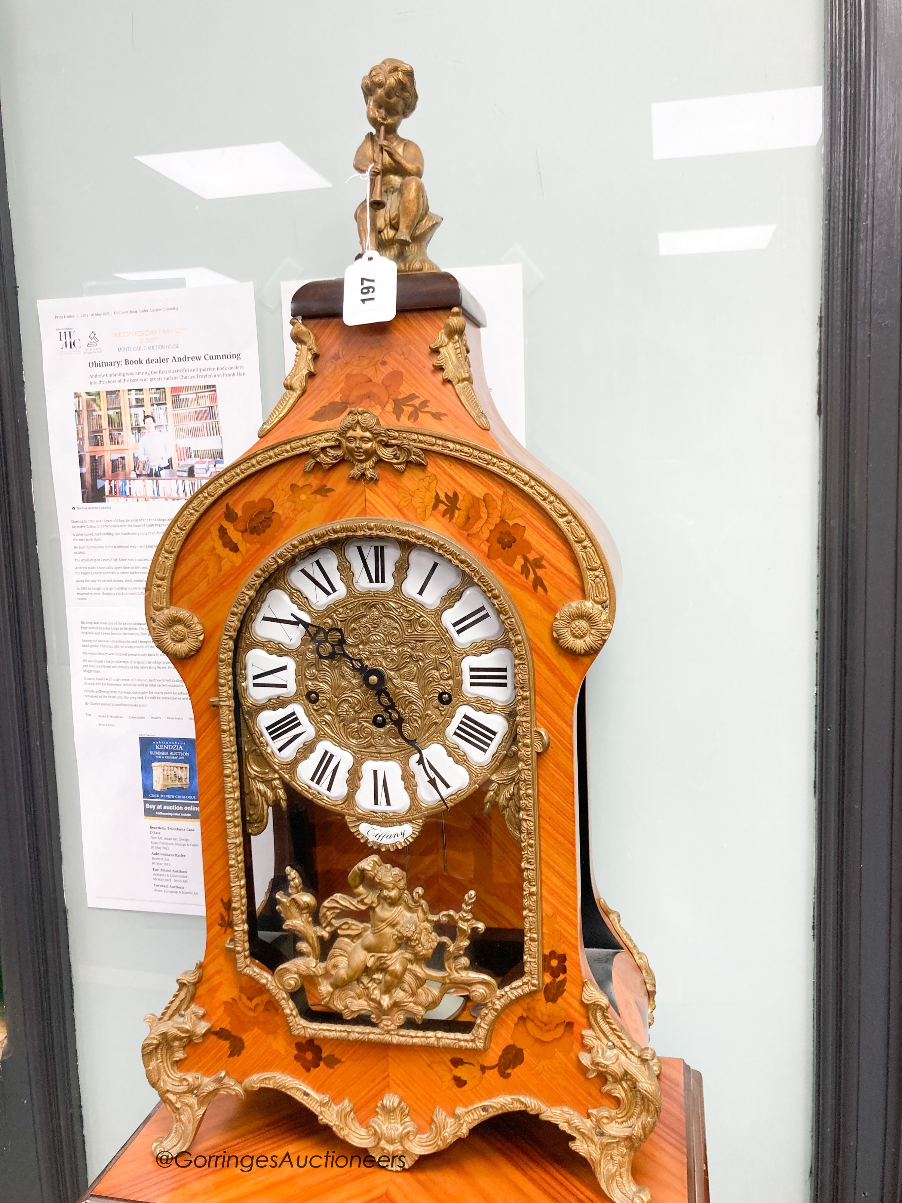 A reproduction Louis XVI style inlaid kingwood bracket clock with matching pedestal, height 190cm